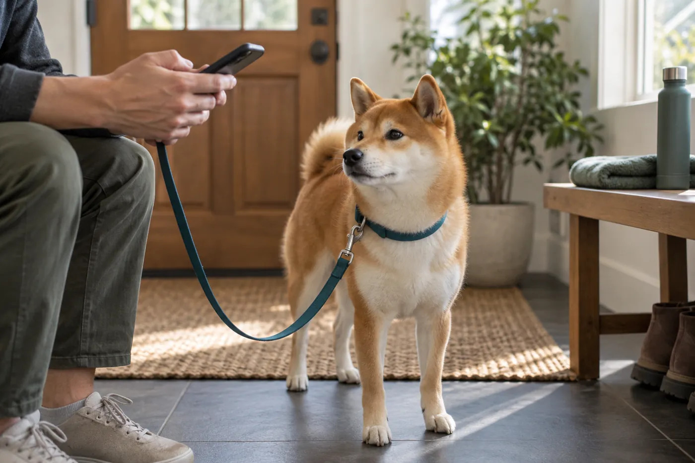 出発前にスマートフォンを確認する手元と待っている犬のイメージ