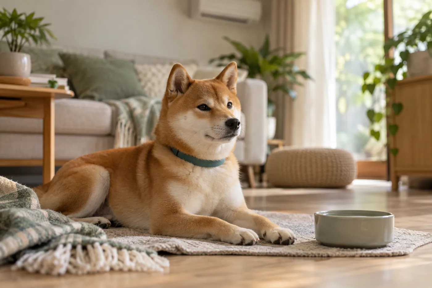 涼しい室内のマットでくつろぐ犬と水の器のイメージ