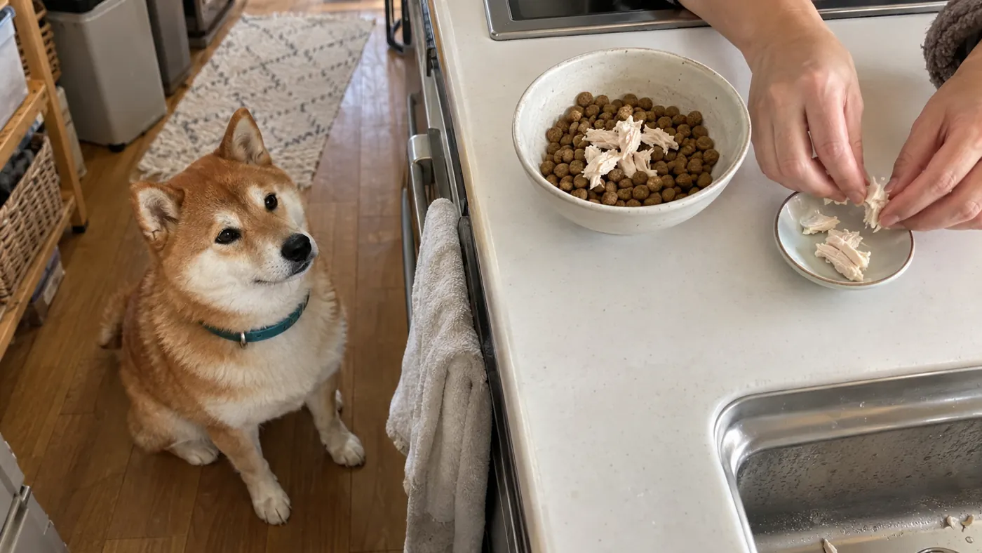 主食のフードと少量のトッピングを別々に用意する飼い主の手元