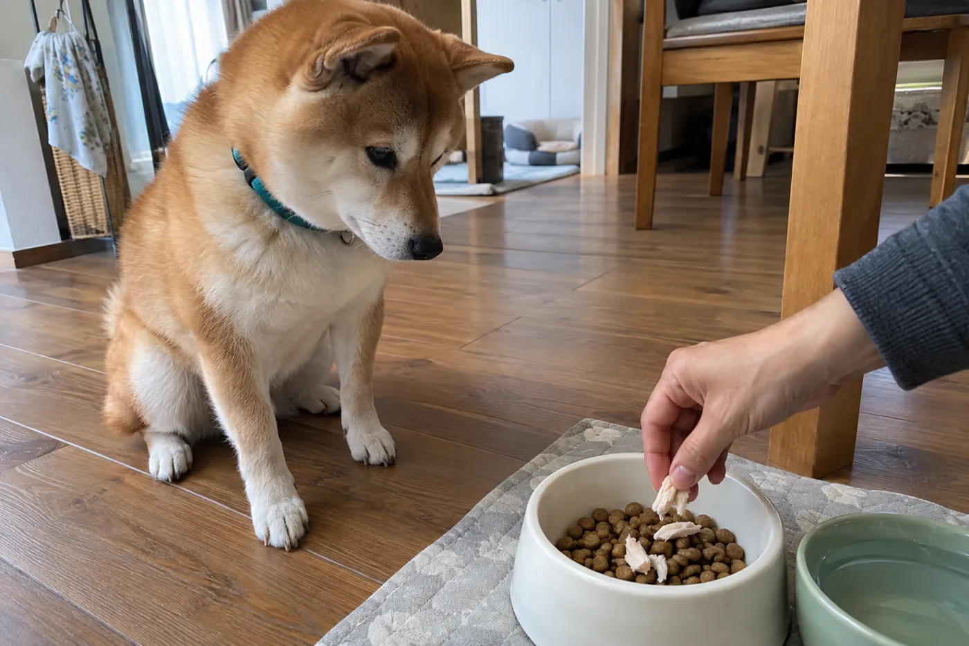 主食の上に少量の加熱した食材を添える手元と待っている赤柴