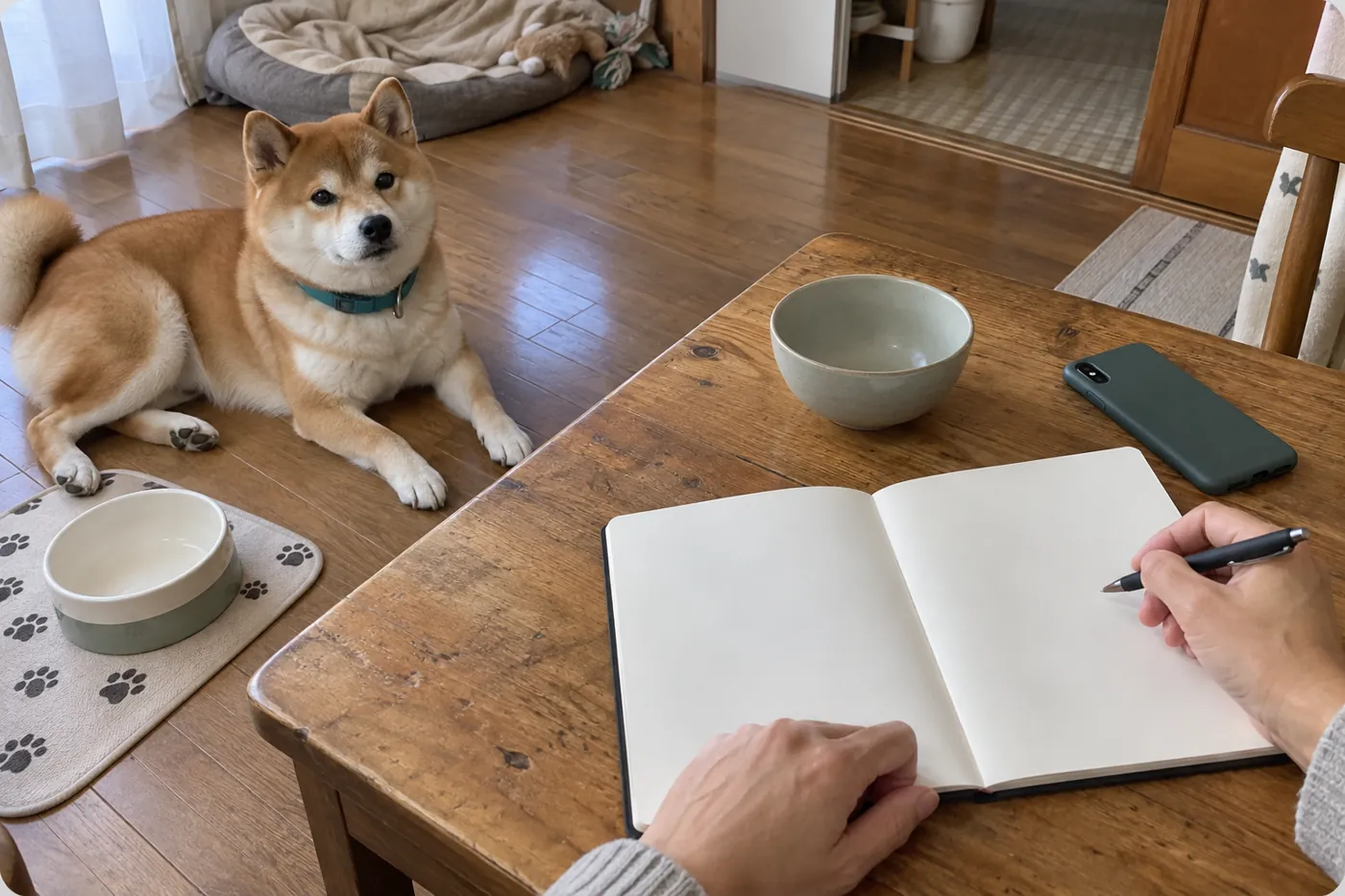 食器のそばで食事記録の準備をする飼い主の手元