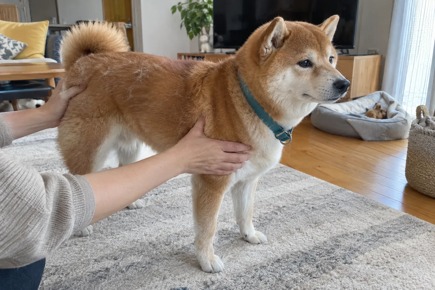 自宅で犬の体型を穏やかに確認する飼い主の手元