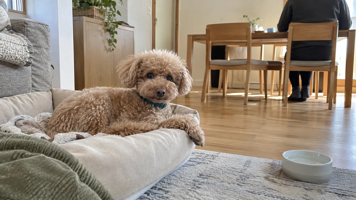 飼い主が室内にいる間、寝床で落ち着いて過ごすアプリコットのトイプードル