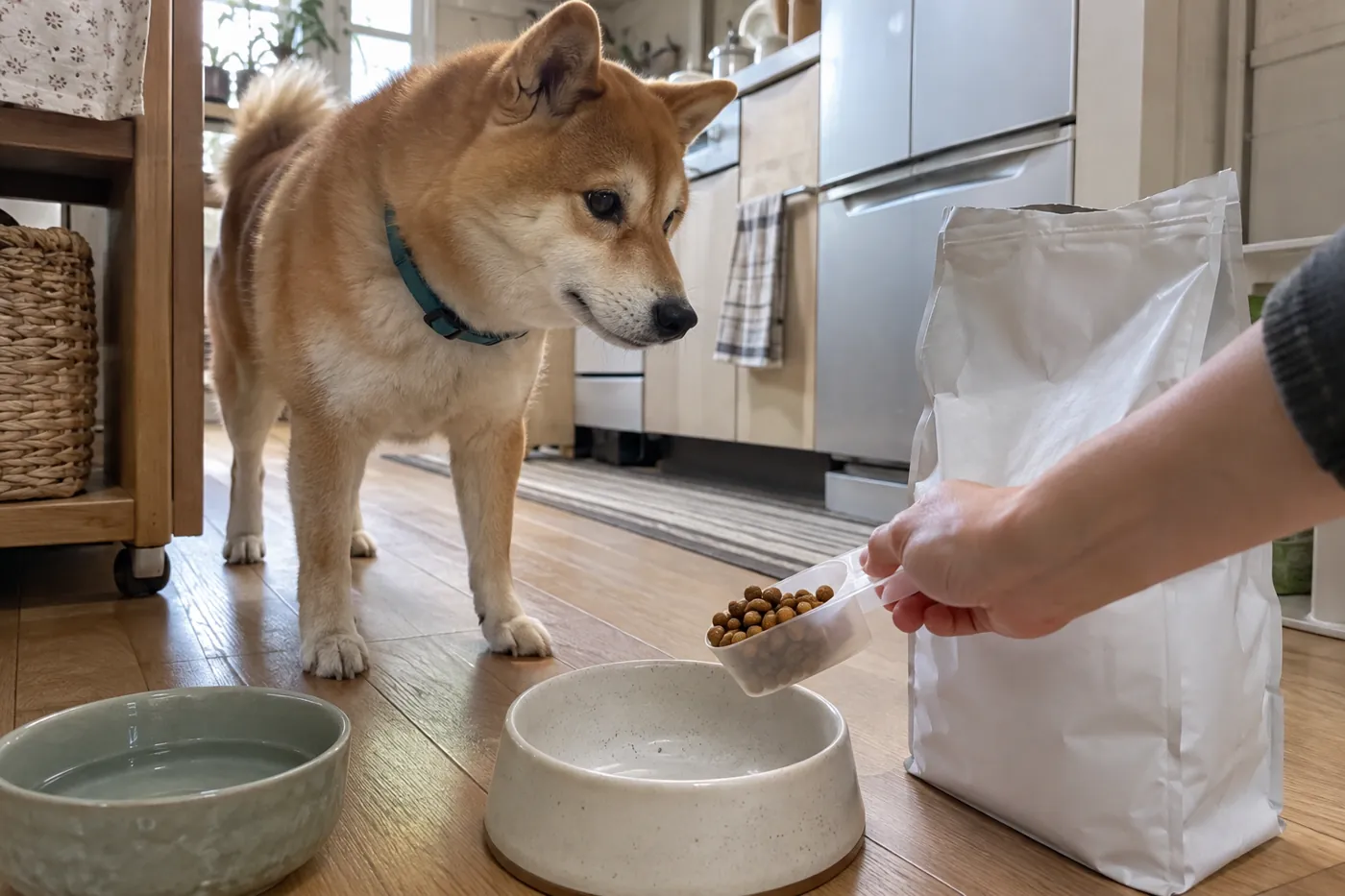 フードの袋と食器を前に飼い主の手元を見ている赤毛の柴犬