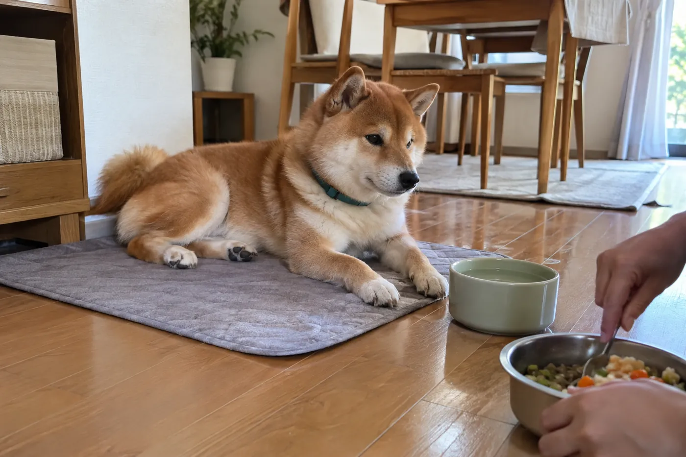食器のそばでくつろぐ赤毛の柴犬とフードを用意する飼い主の手元