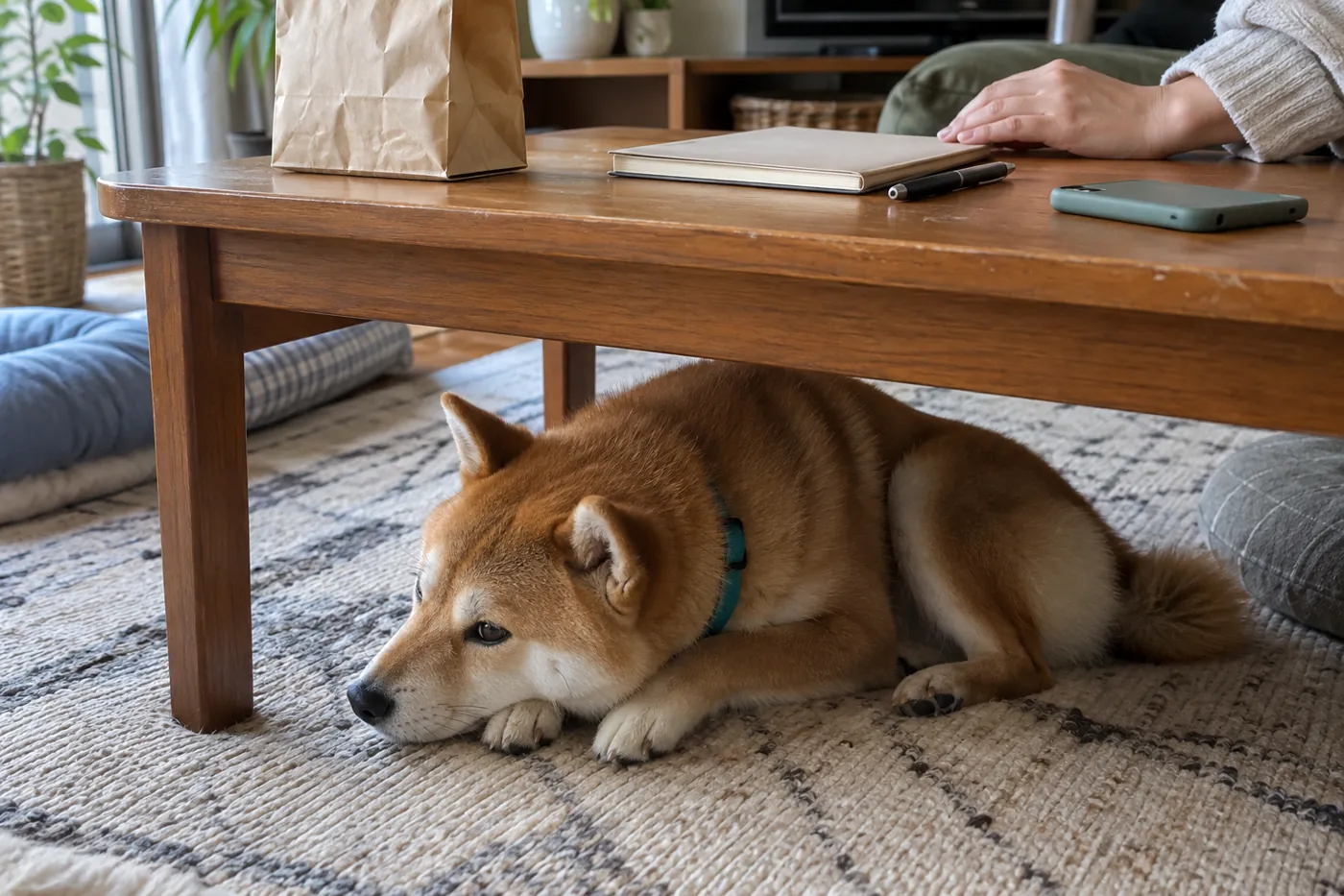 フード袋と閉じたノートを置いた机の下で休む赤毛の柴犬