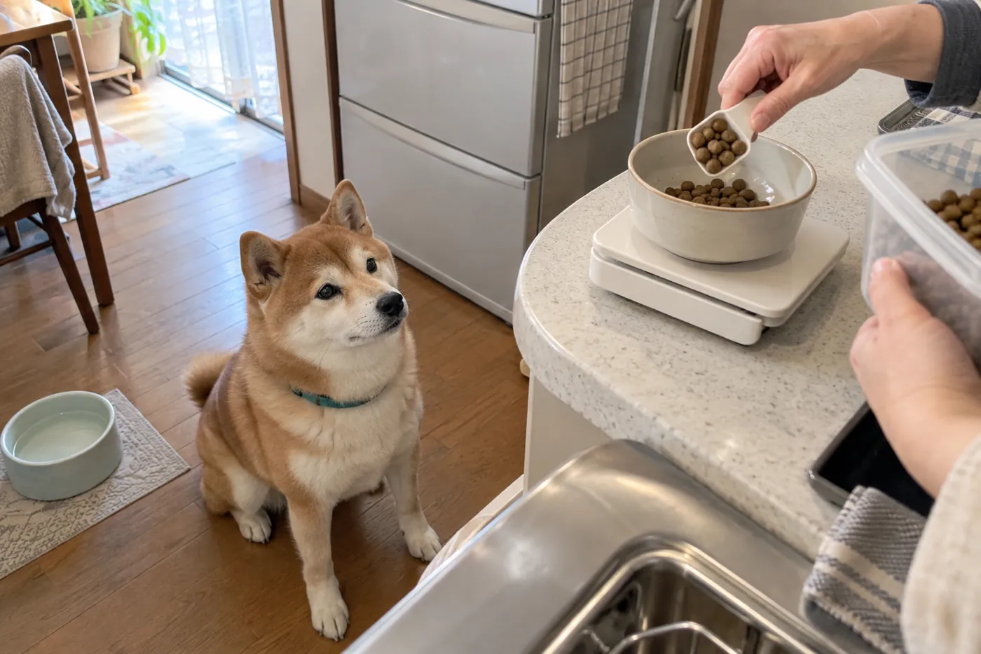飼い主が食器にフードを量り入れる様子を見守る赤毛の柴犬