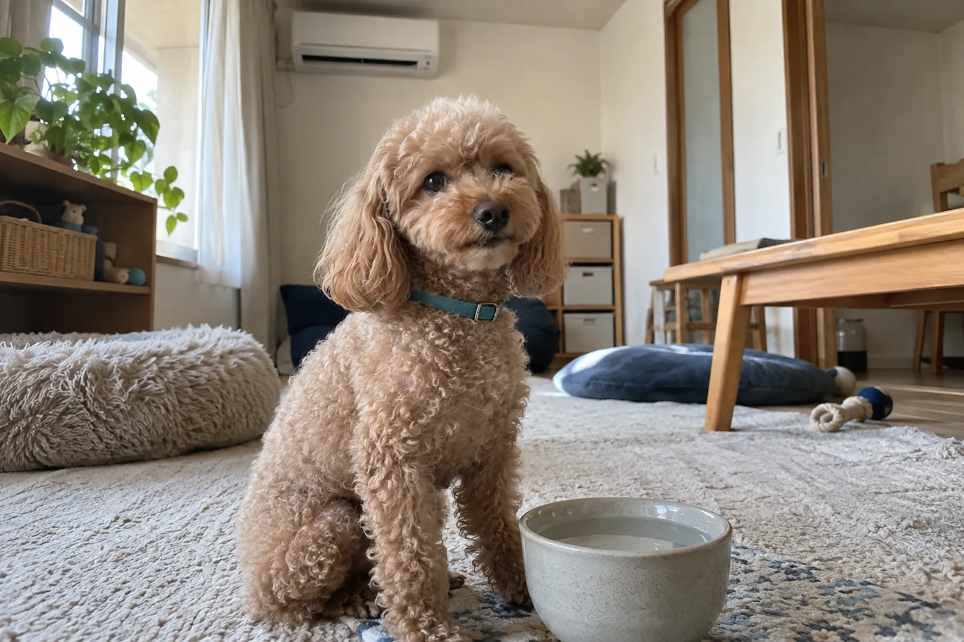 窓から自然光が入る室内で水の器のそばに座る犬