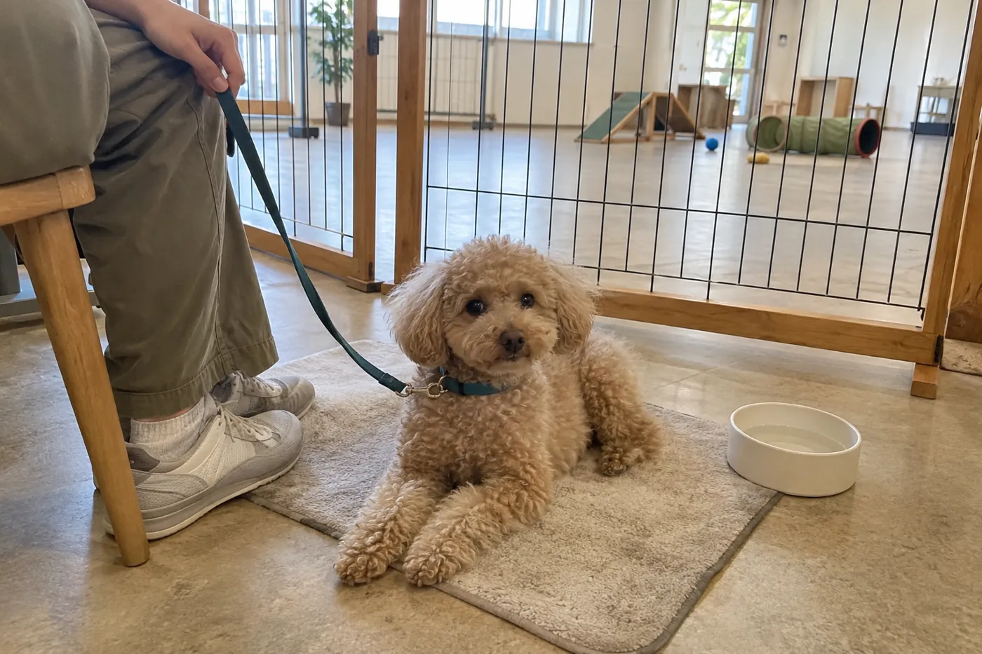 遊び場から離れた椅子の足元で飼い主と静かに休む犬