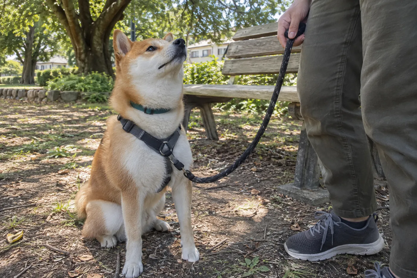 公園のベンチ脇で休憩しながら飼い主を見上げる赤柴