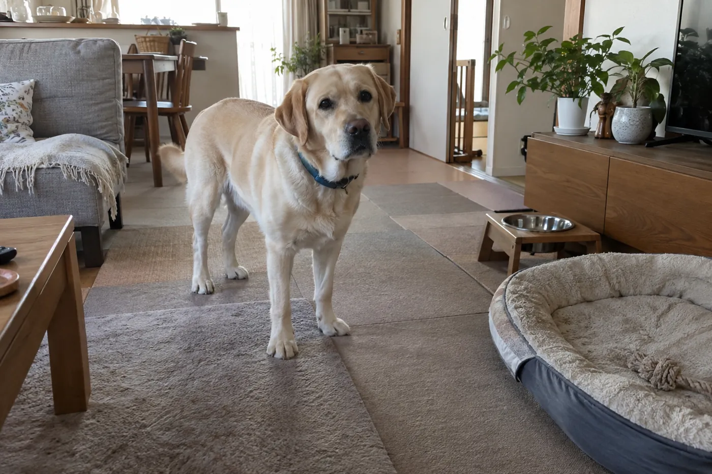 家具の間に通路を確保した室内で立つ大型犬