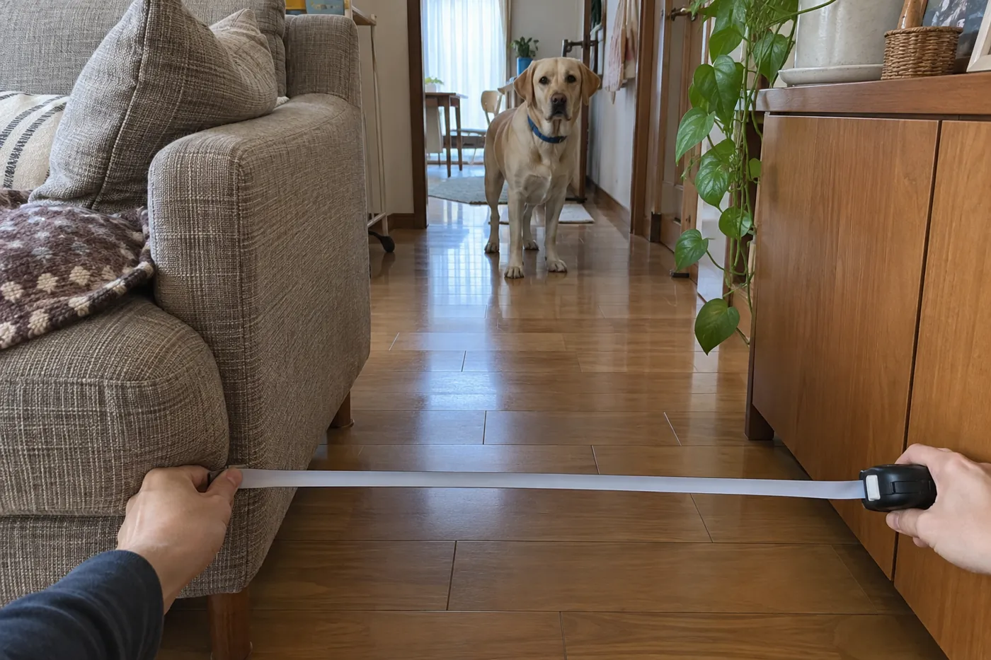 通路の幅を測る飼い主の手元と離れて待つ大型犬