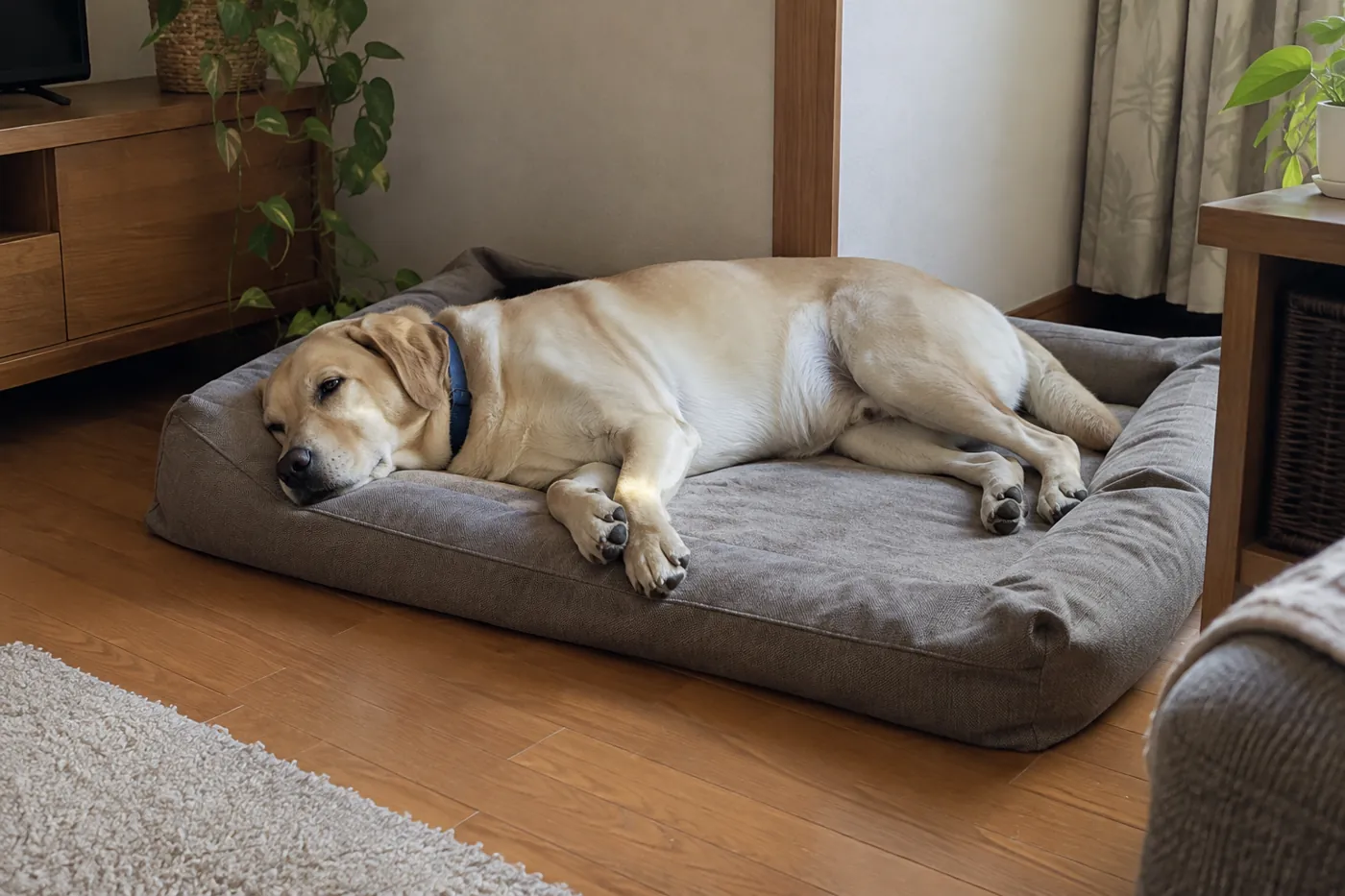 低い入口のある大きな寝床で体を伸ばして休む大型犬