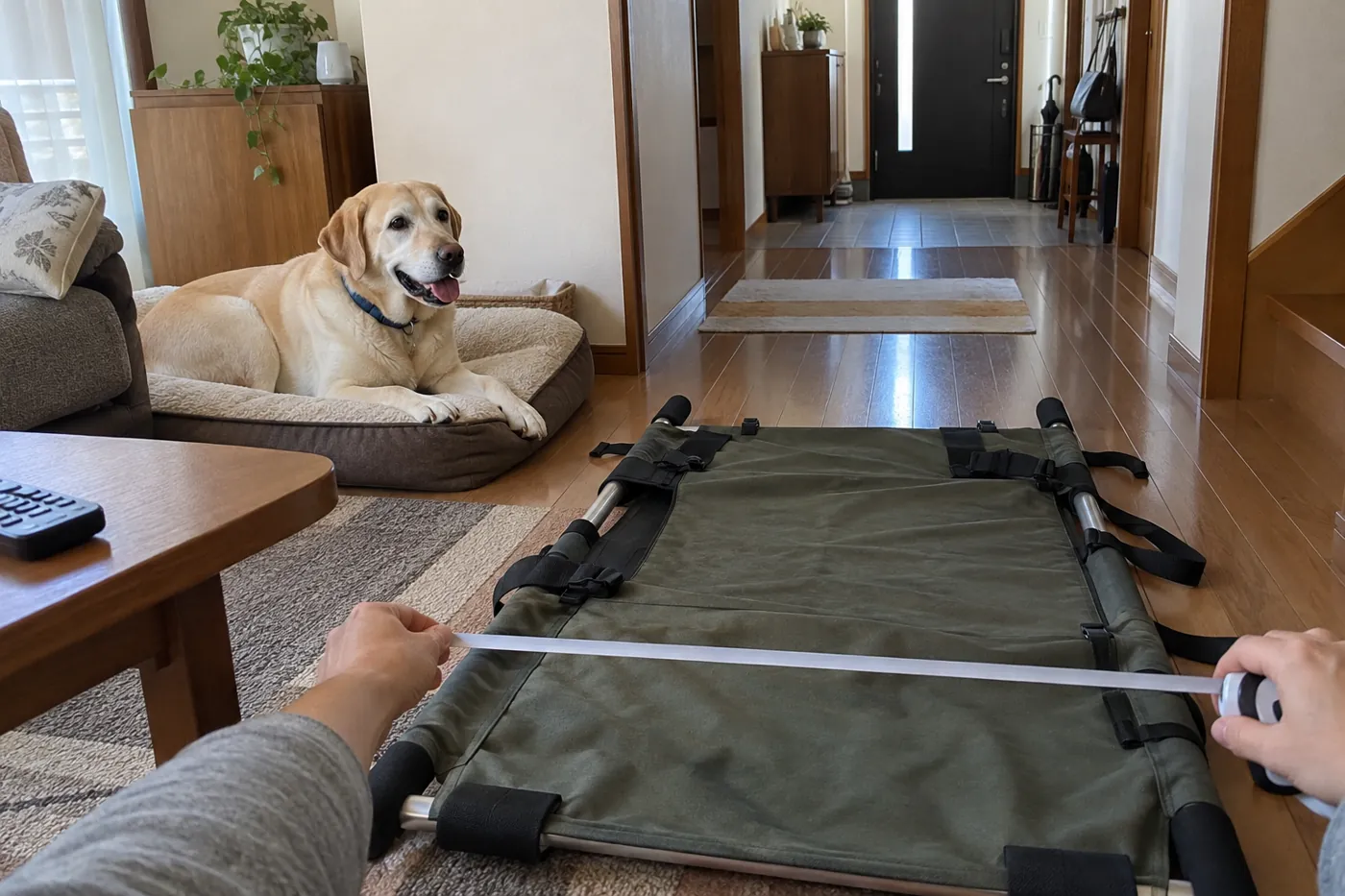 玄関につながる片づいた廊下と空の搬送用品を確認する飼い主の手元