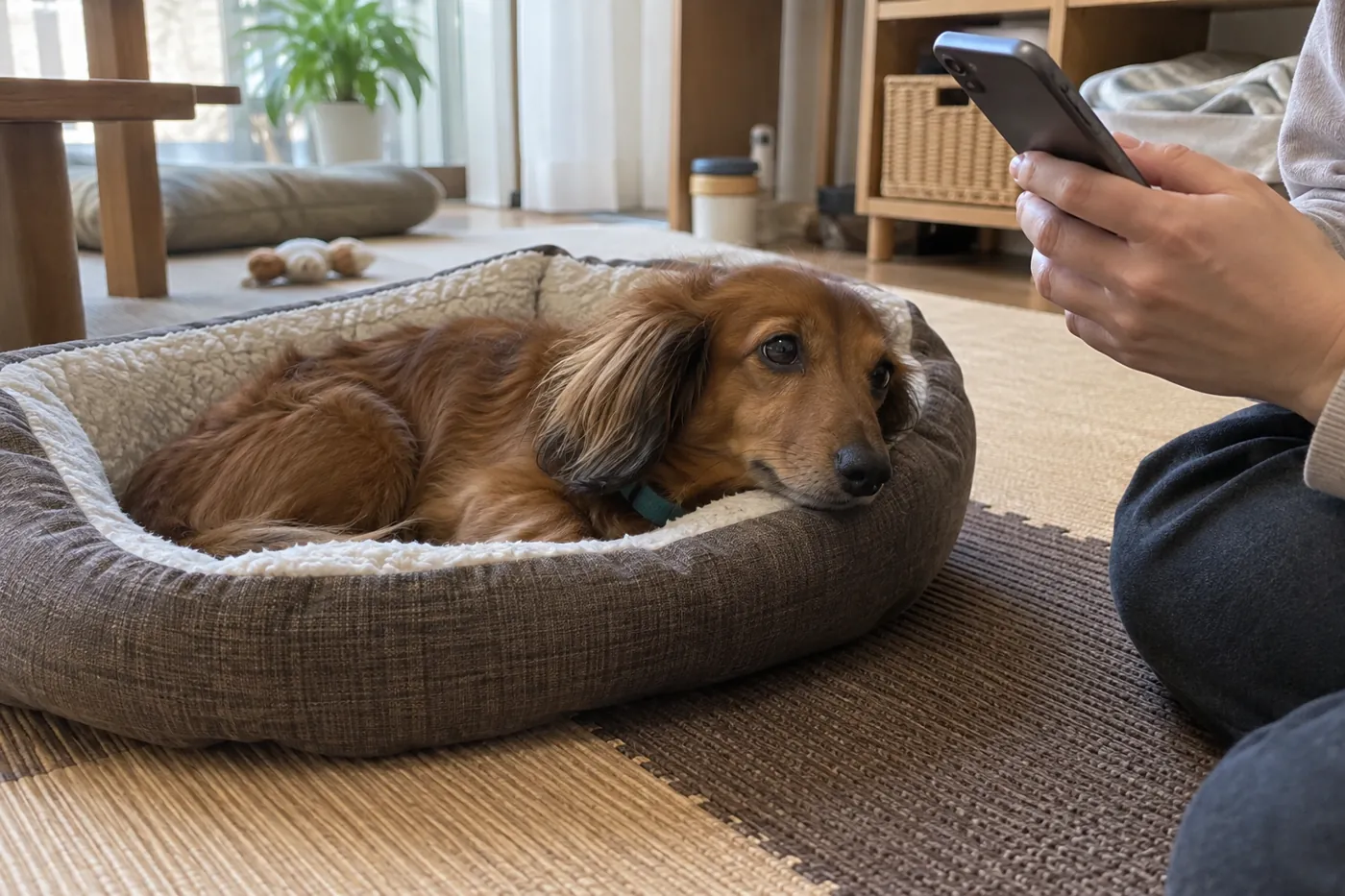 床の寝床で休むミニチュアダックスのそばで電話を手にする飼い主