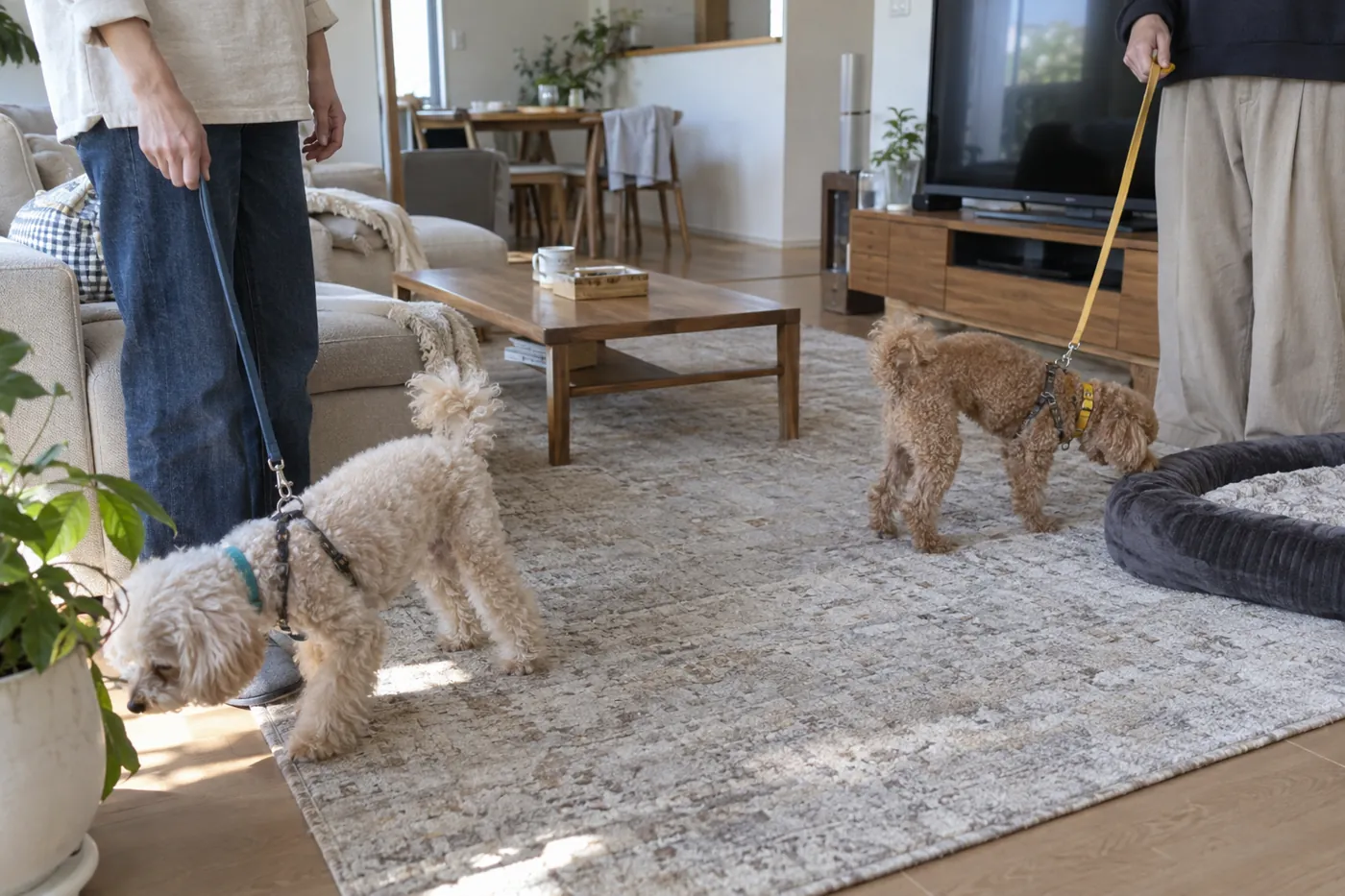 見守る大人の足元で、十分に離れて室内を探索する二頭の犬
