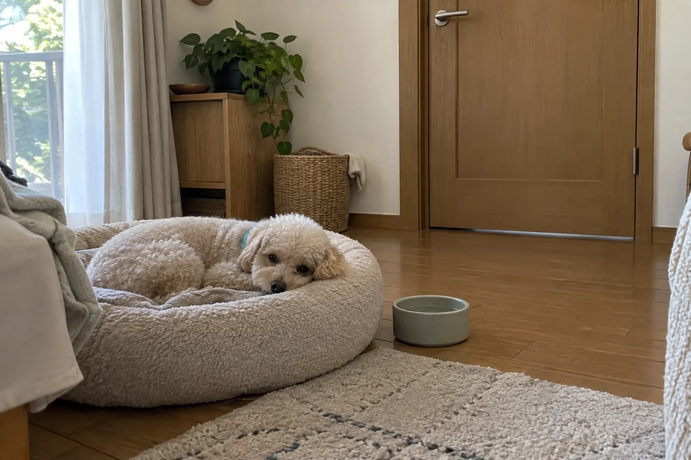 対面を休み、専用の寝床で静かにくつろぐ先住犬