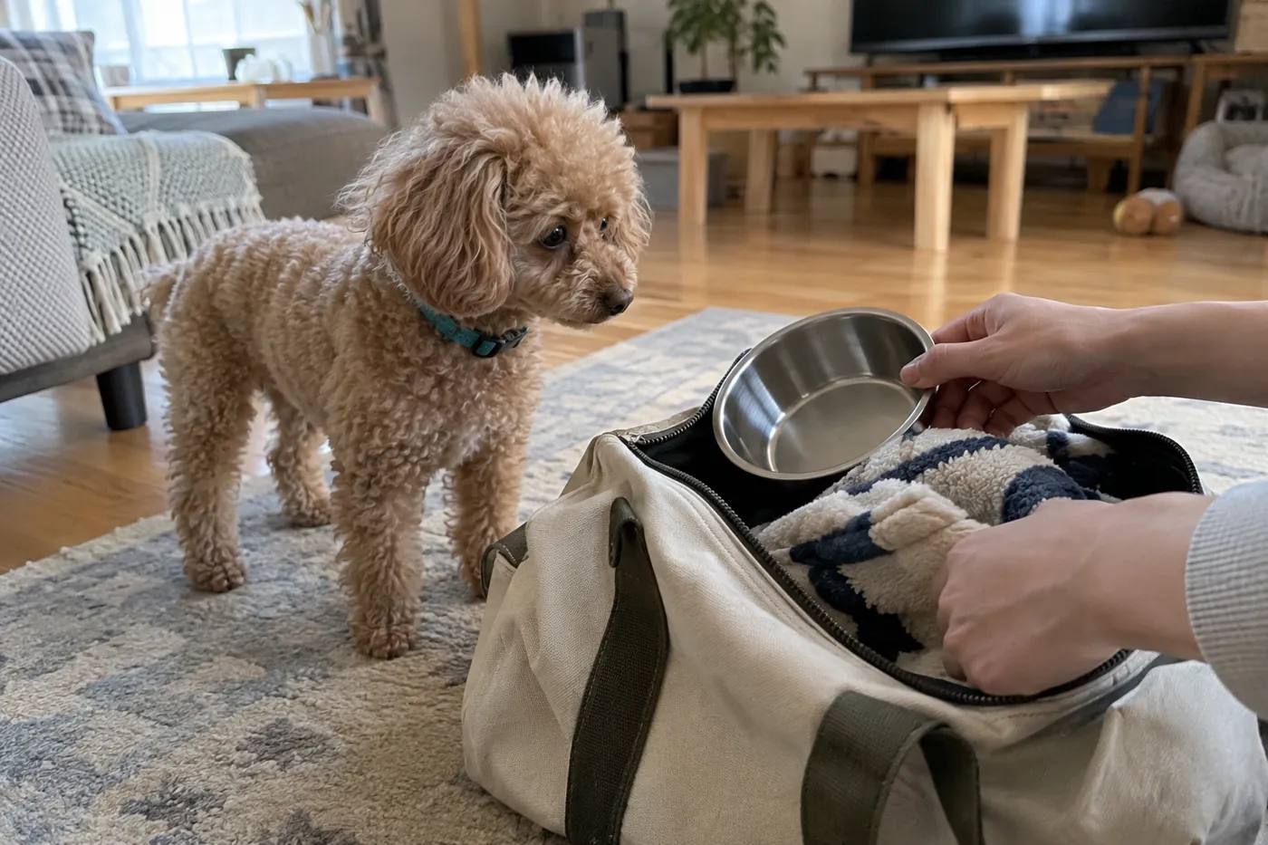 自宅で荷物を準備する飼い主の手元とトイプードル