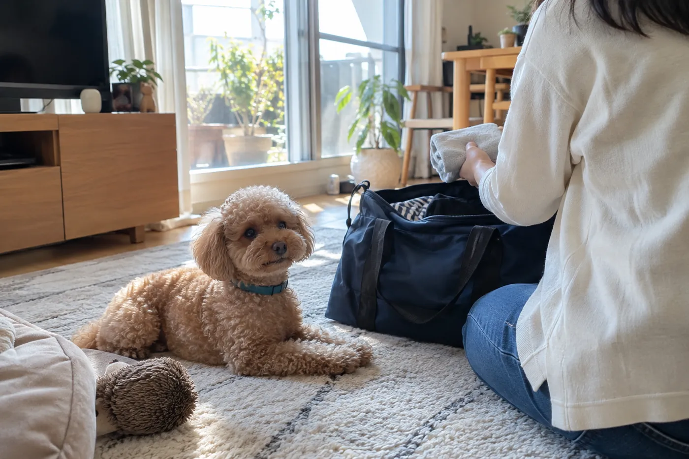 旅行用バッグのそばで飼い主を待つトイプードル
