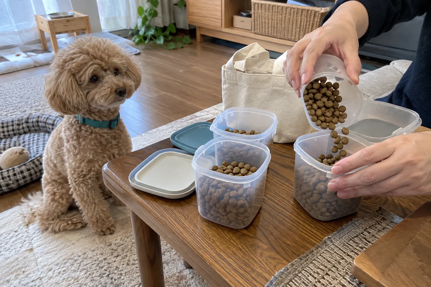 小分けのフードと持参用の袋を準備する飼い主の手元