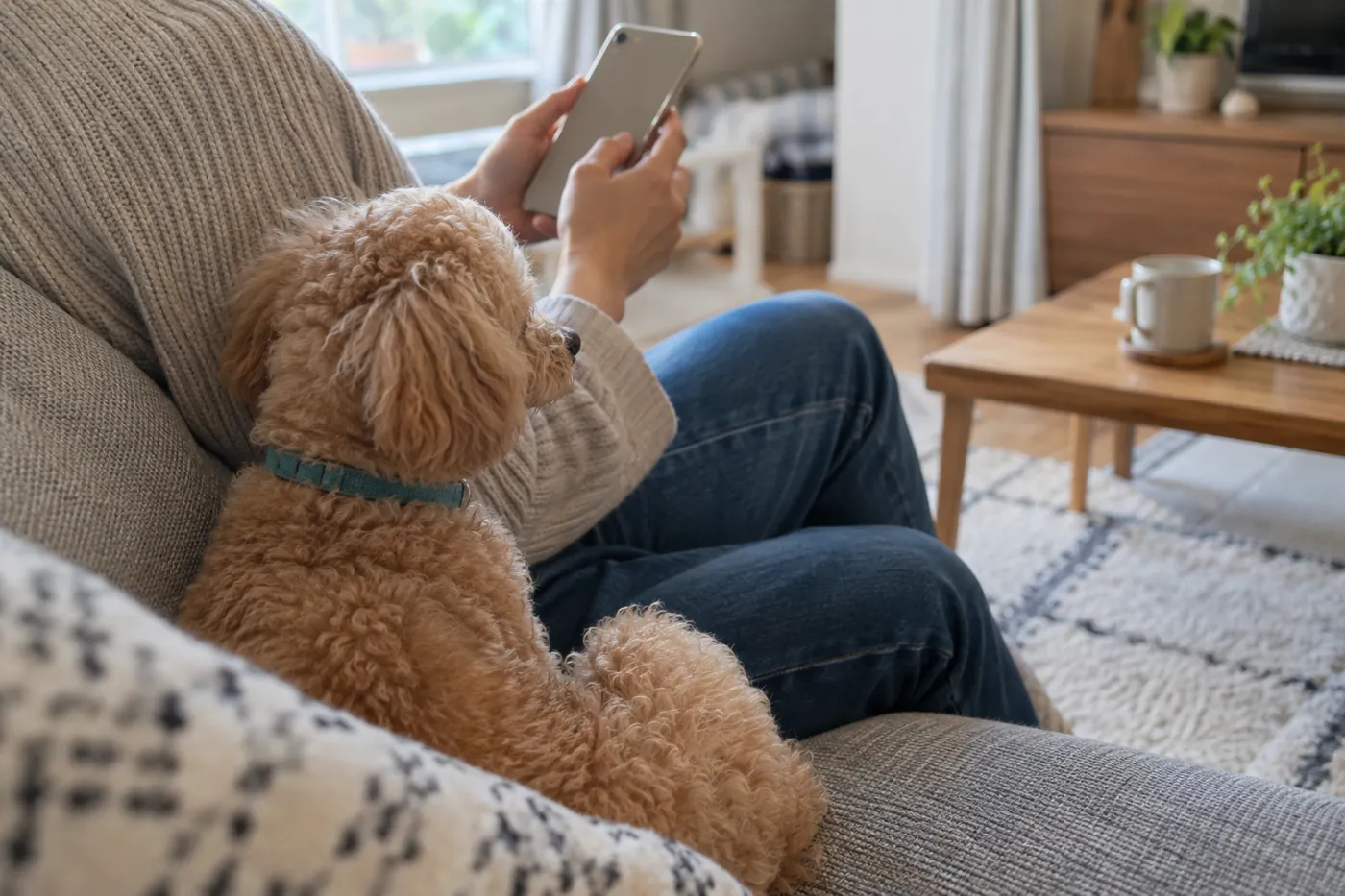 自宅で愛犬の横に座り、スマートフォンで予定を確認する飼い主の手元