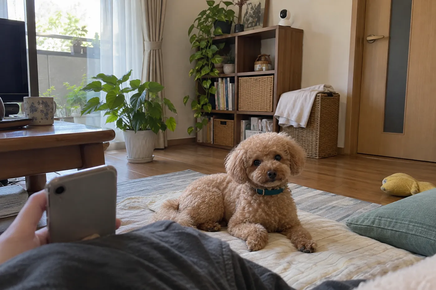 犬が休む部屋で飼い主がスマートフォンを手にしている様子