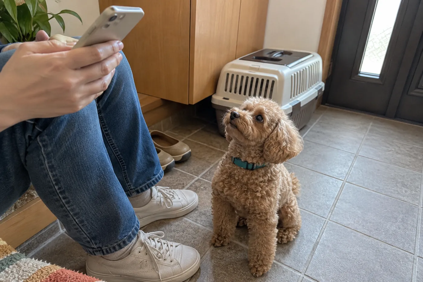 飼い主の手元のスマートフォンと足元で座るトイプードル