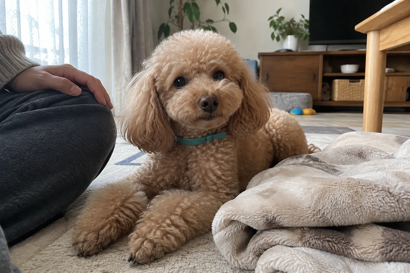 毛布のそばで休むトイプードルを飼い主が近くで見守る様子