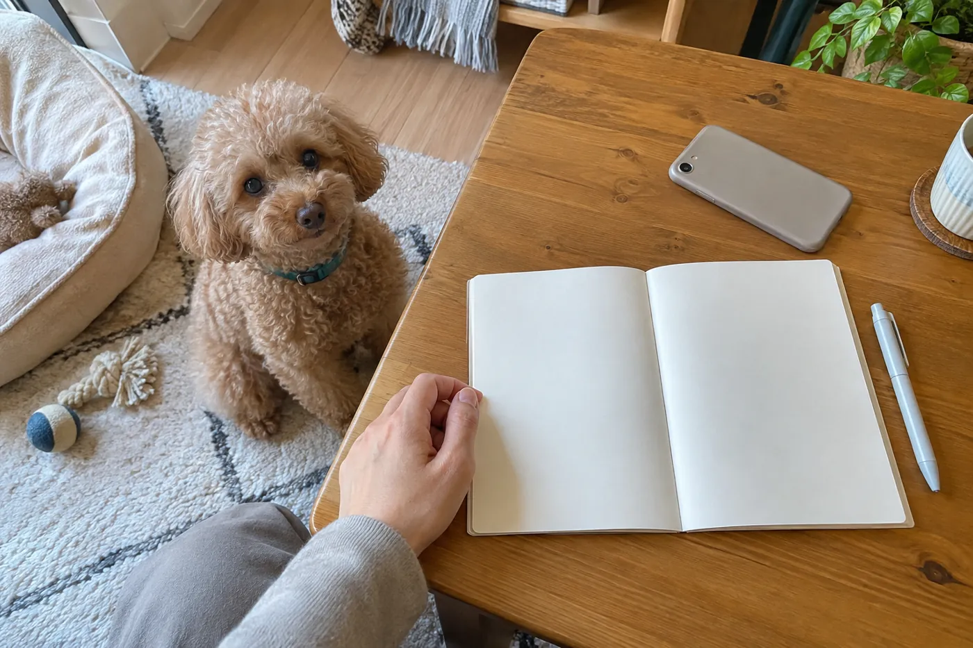 飼い主がノートとスマートフォンを広げ、そばに犬が座っている様子