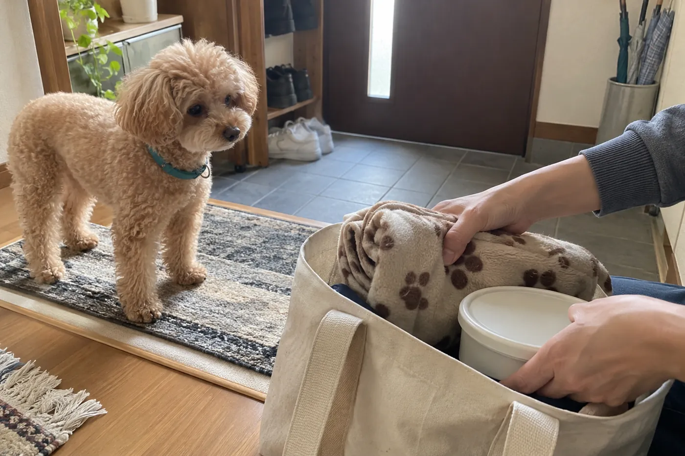 犬の毛布と無地の持ち物袋を飼い主が準備し、犬がそばにいる様子