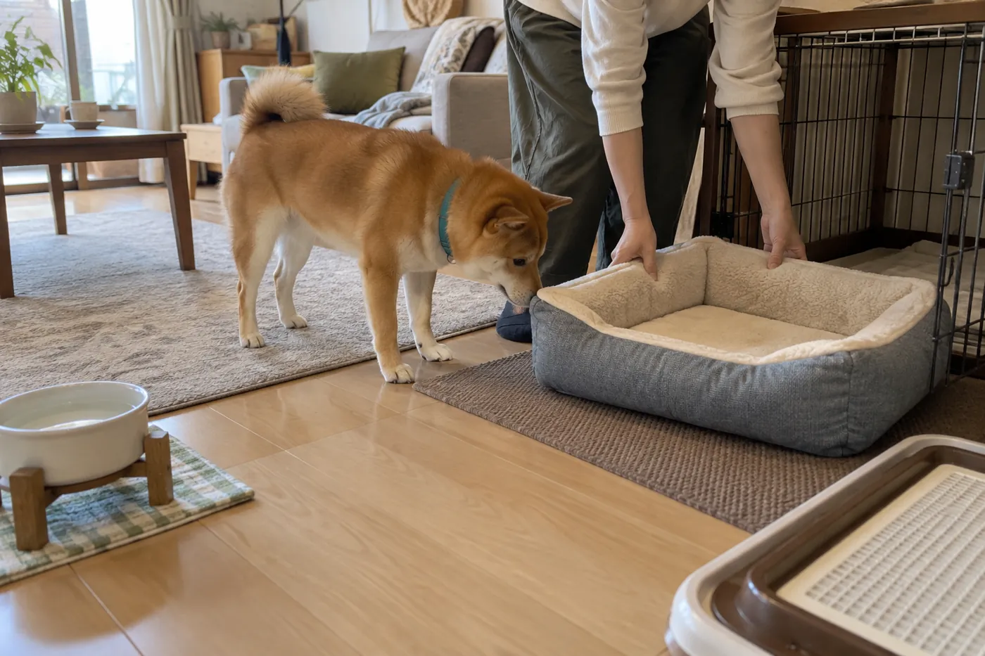 犬の居場所と生活用品を整える飼い主の手元