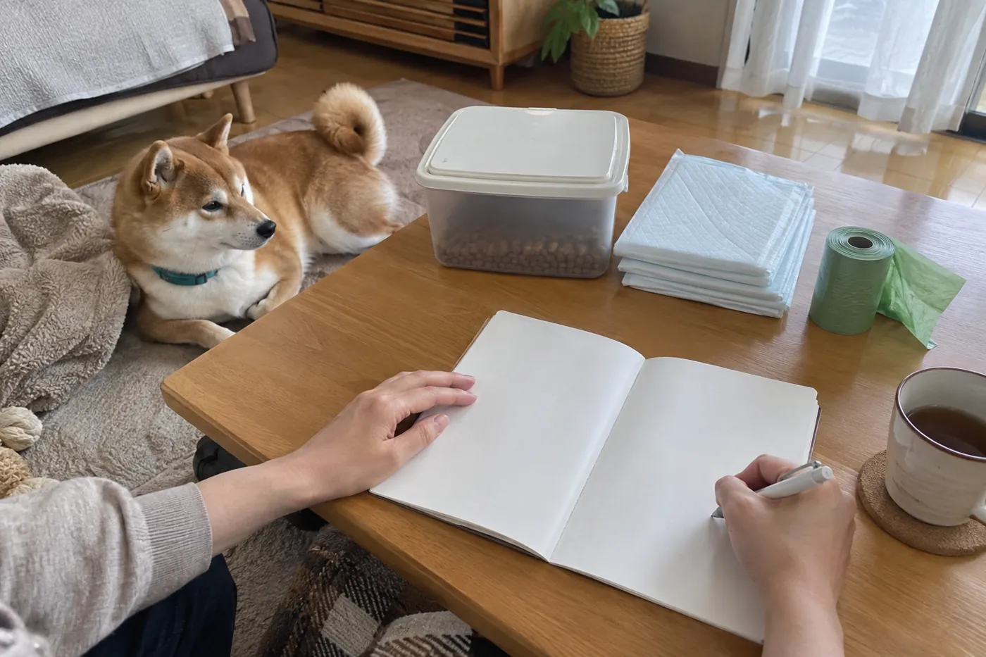 フードや日用品を前に飼育費を整理する手元と犬