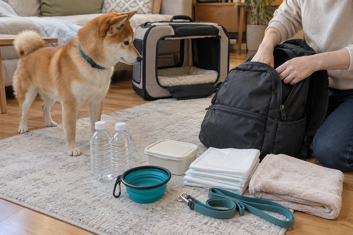 犬用の防災バッグと水やトイレ用品を確認する手元