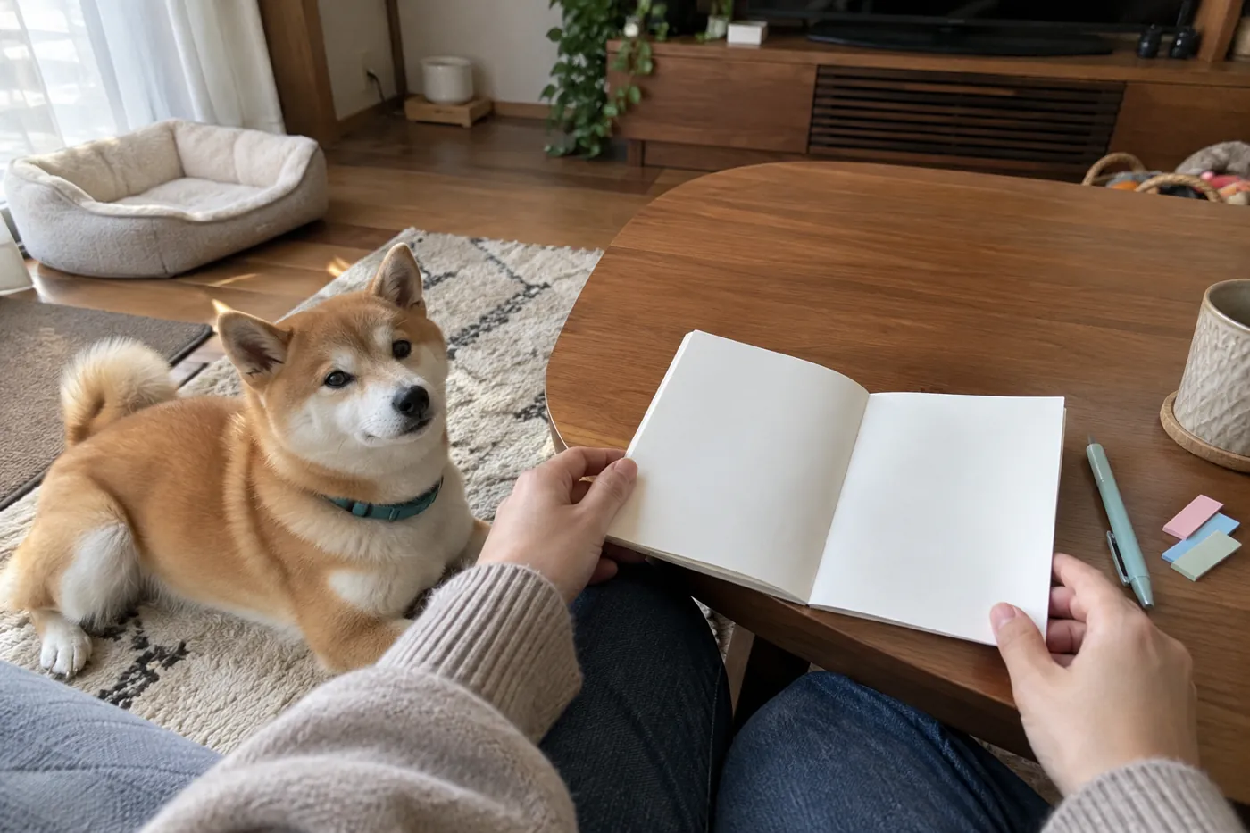 予定を書き込む準備をしたノートと足元で休む犬