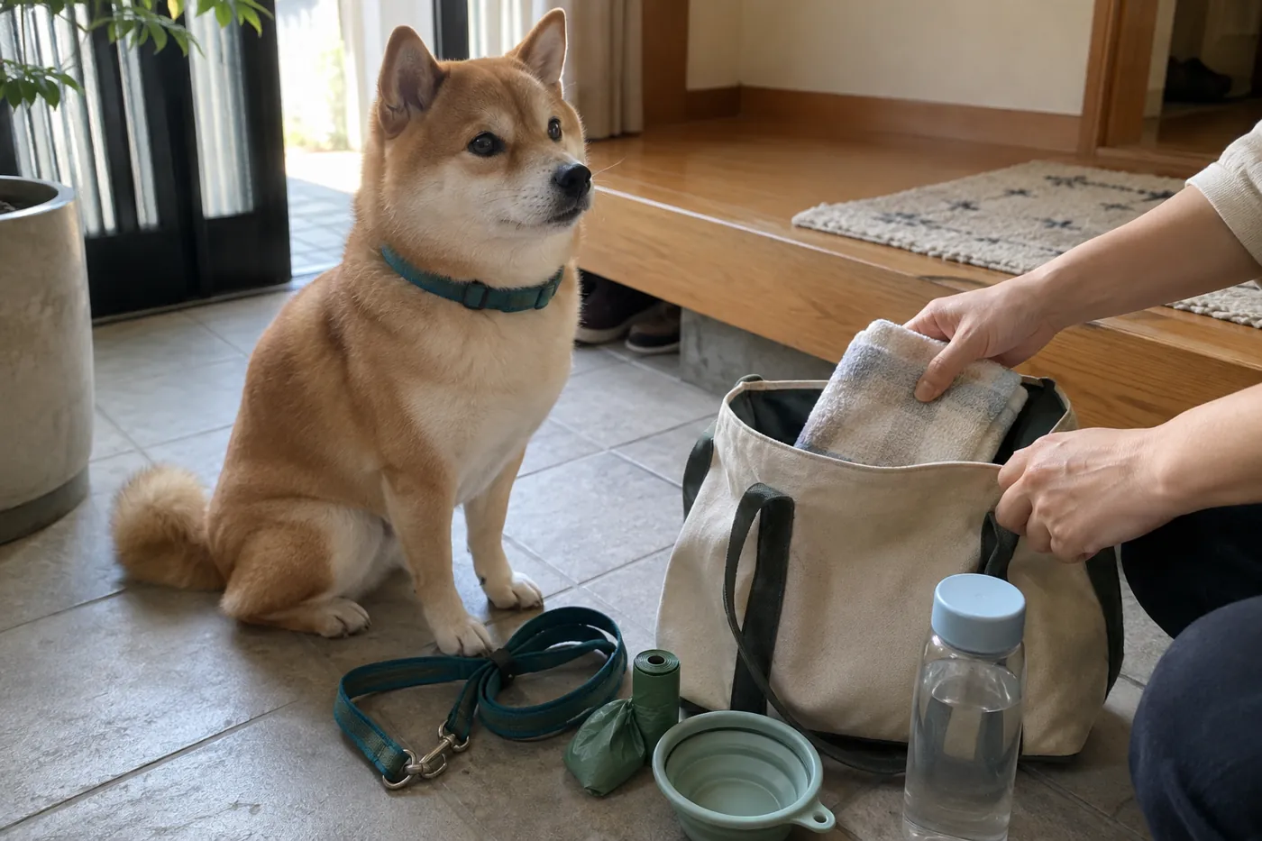 犬との外出に使うリードやタオルを準備する手元