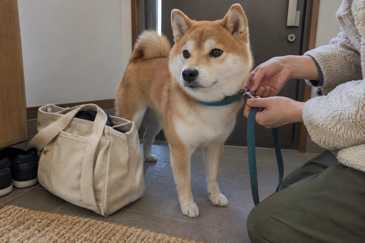 外出準備を終えて愛犬にリードを付ける飼い主の手元