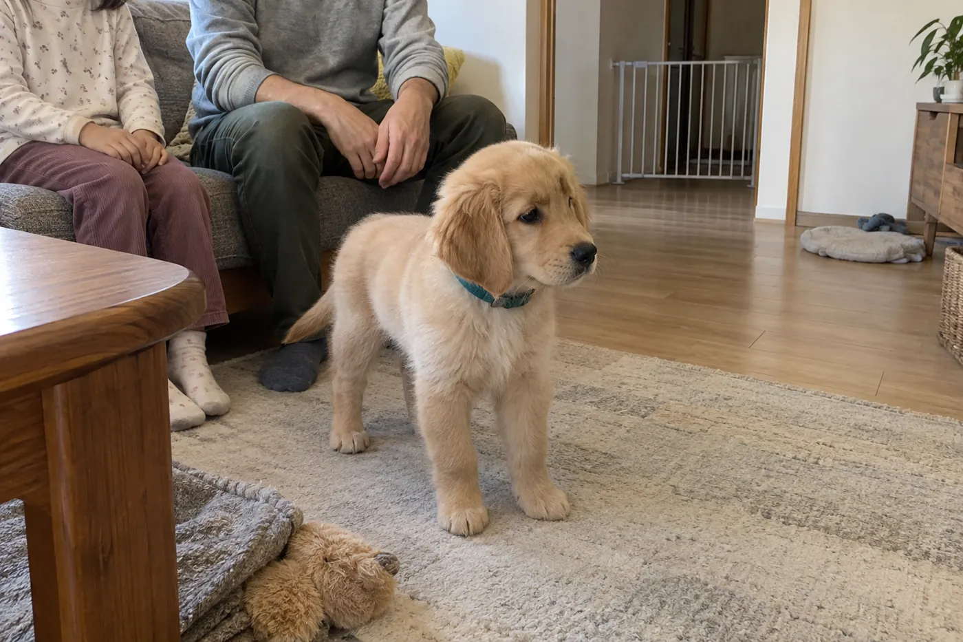 子犬と距離を取って座る子どもを、大人が隣で見守っている