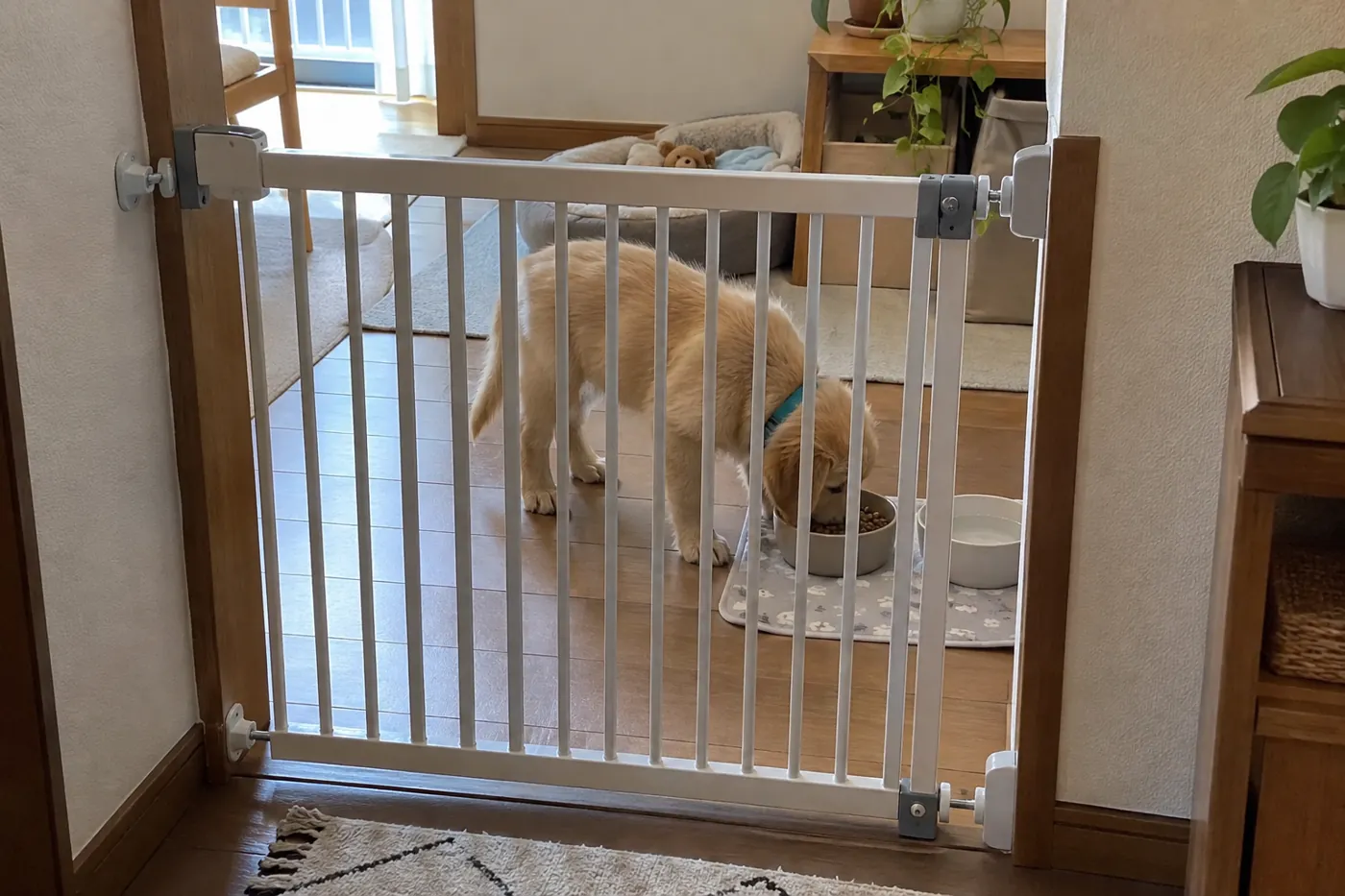 ゲートで区切られた落ち着いた場所で、食器からごはんを食べる子犬