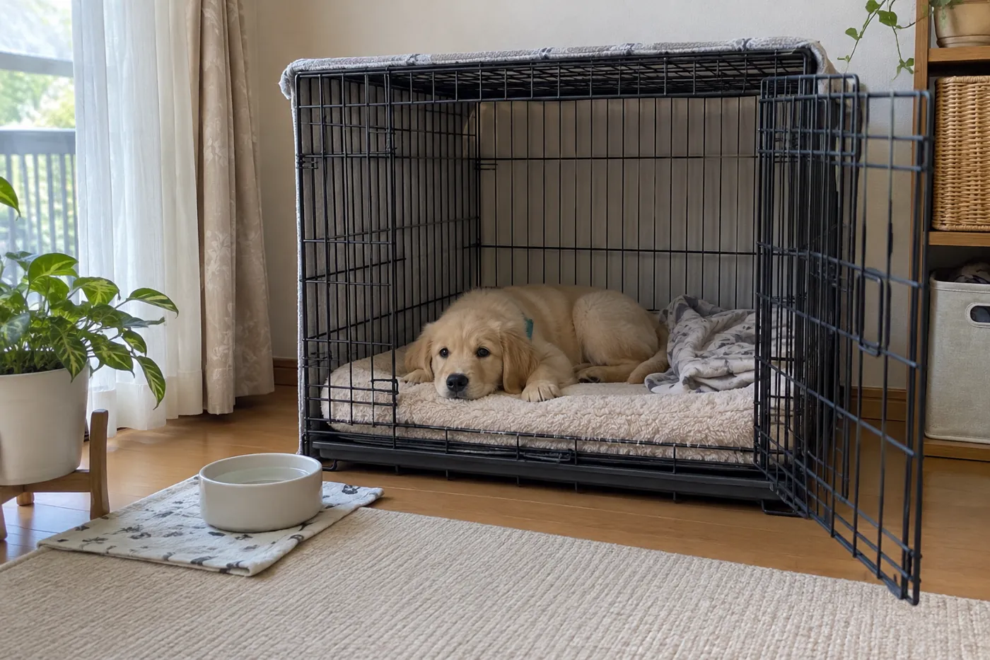 扉を開けたクレートと水の器がある静かな一角で、子犬が落ち着いて休んでいる