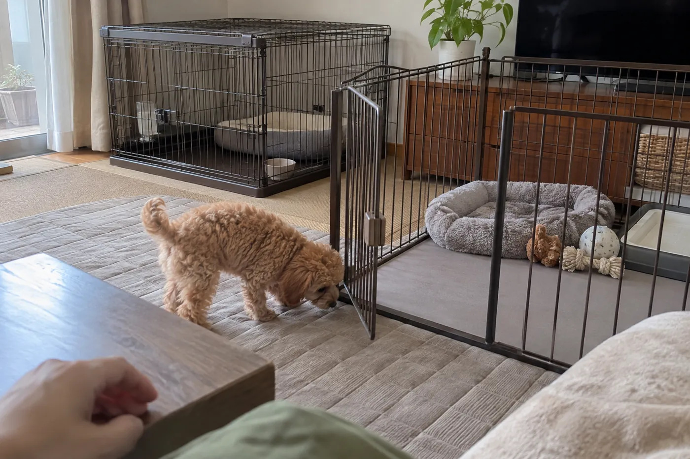サークルと屋根付きのケージのそばで過ごす子犬