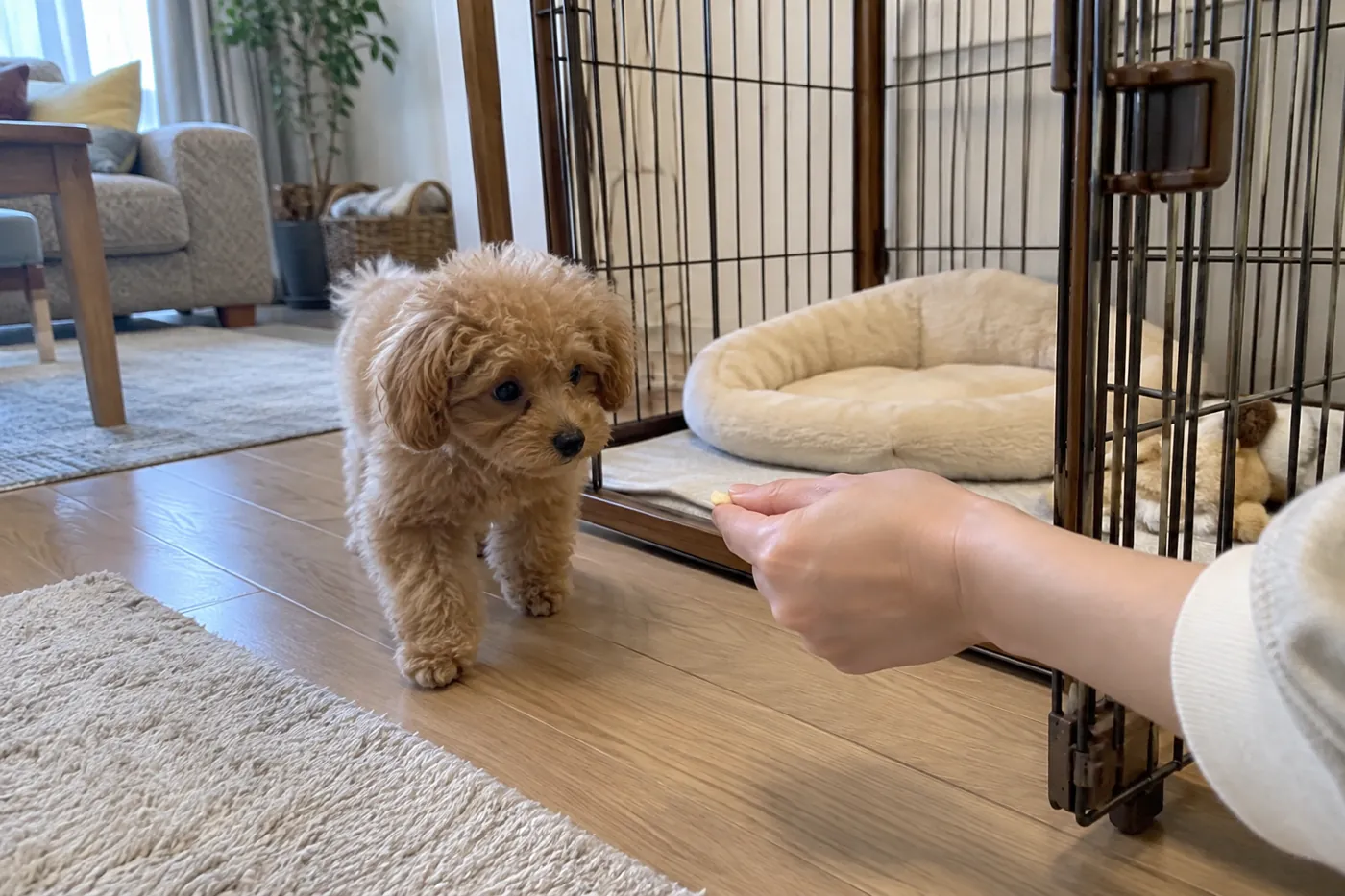 開いた出入口のそばで子犬を見守る飼い主の手元
