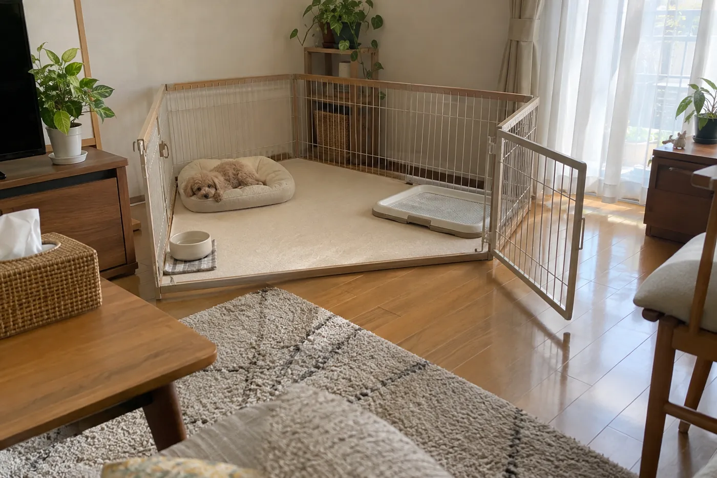 寝床とトイレの間に余裕がある囲いの中で休む子犬