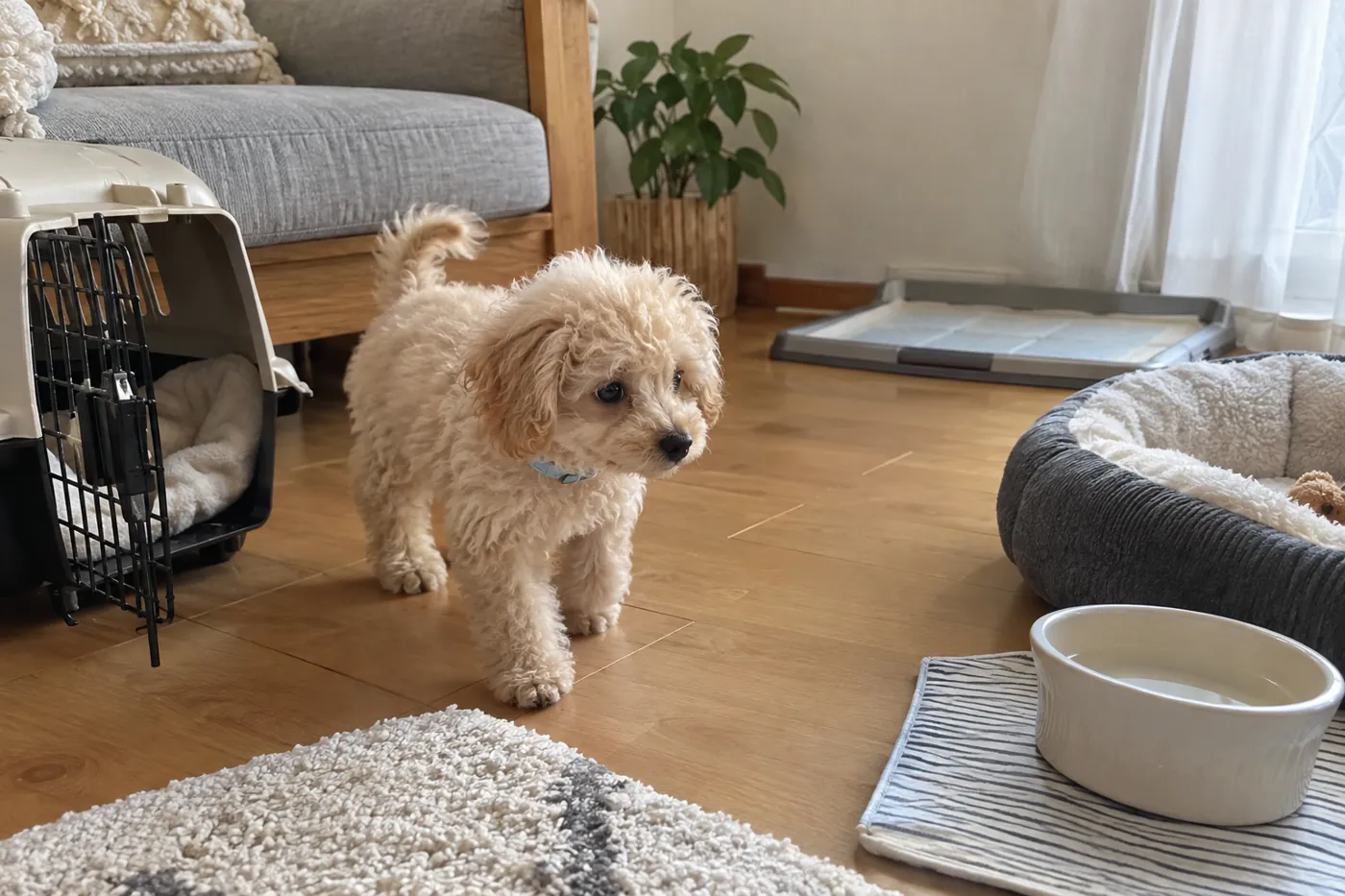 到着後に落ち着ける場所を確かめるクリーム色のトイプードルの子犬