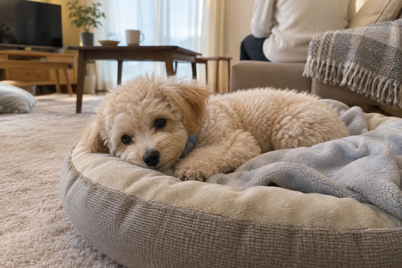 家族の気配が届く静かな部屋のベッドで休む子犬