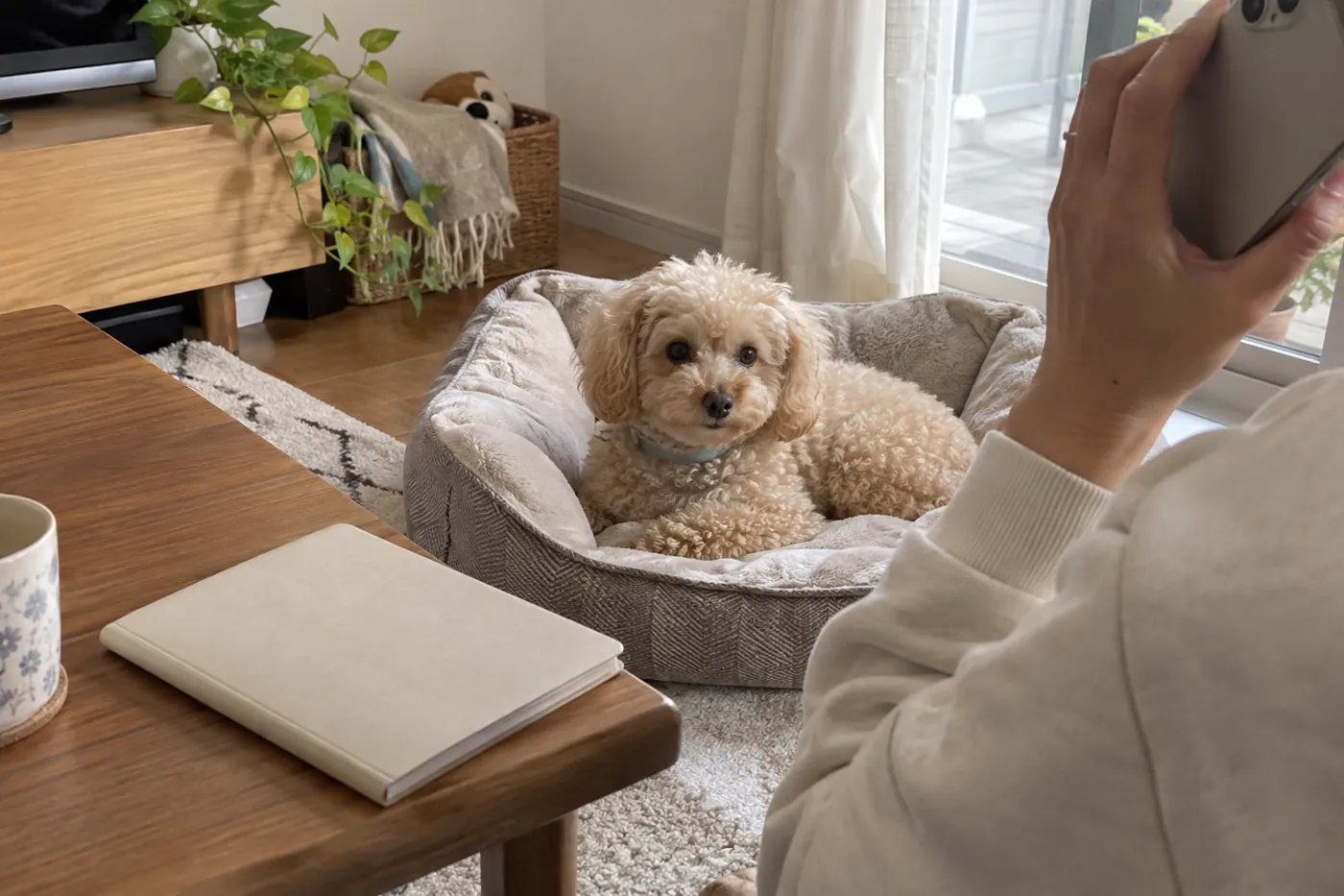 そばで休む子犬を見ながら飼い主が体調を電話で相談する様子