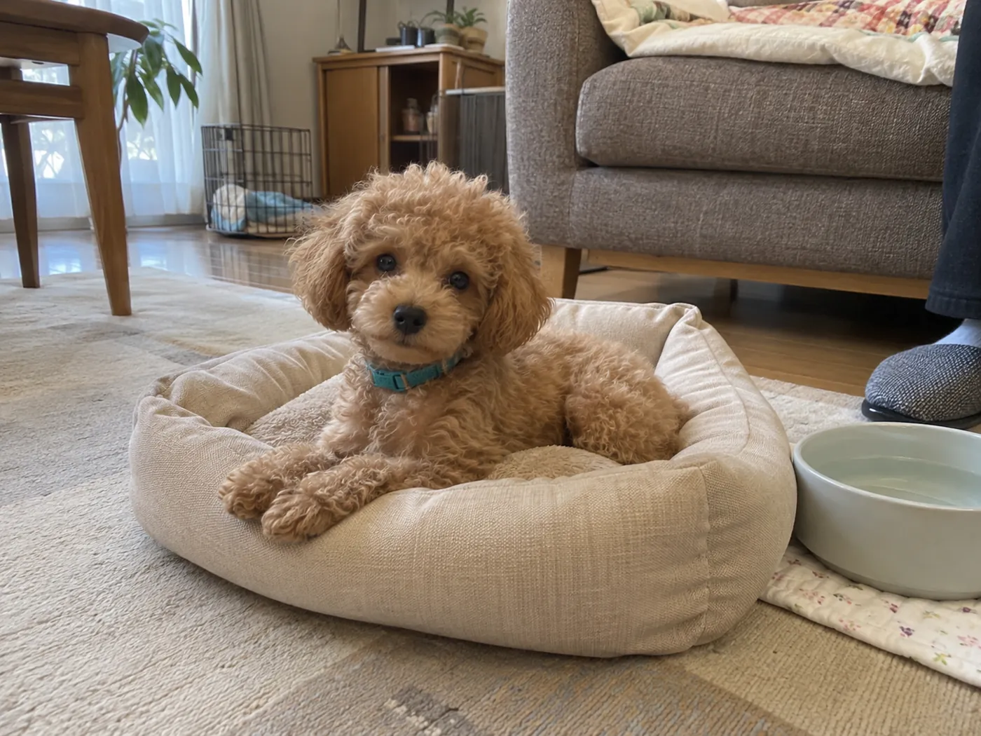 自宅のベッドでくつろぐアプリコット色のトイプードルの子犬