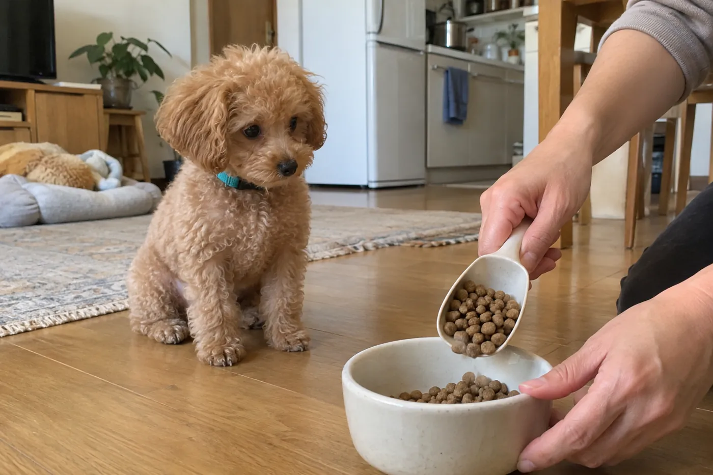 飼い主の手元で食事を用意してもらう子犬