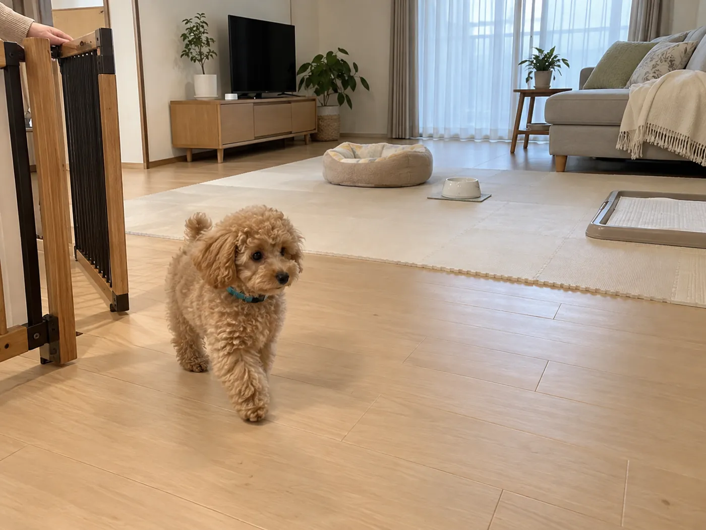 寝床と水とトイレを離して置いた子犬用の生活スペース