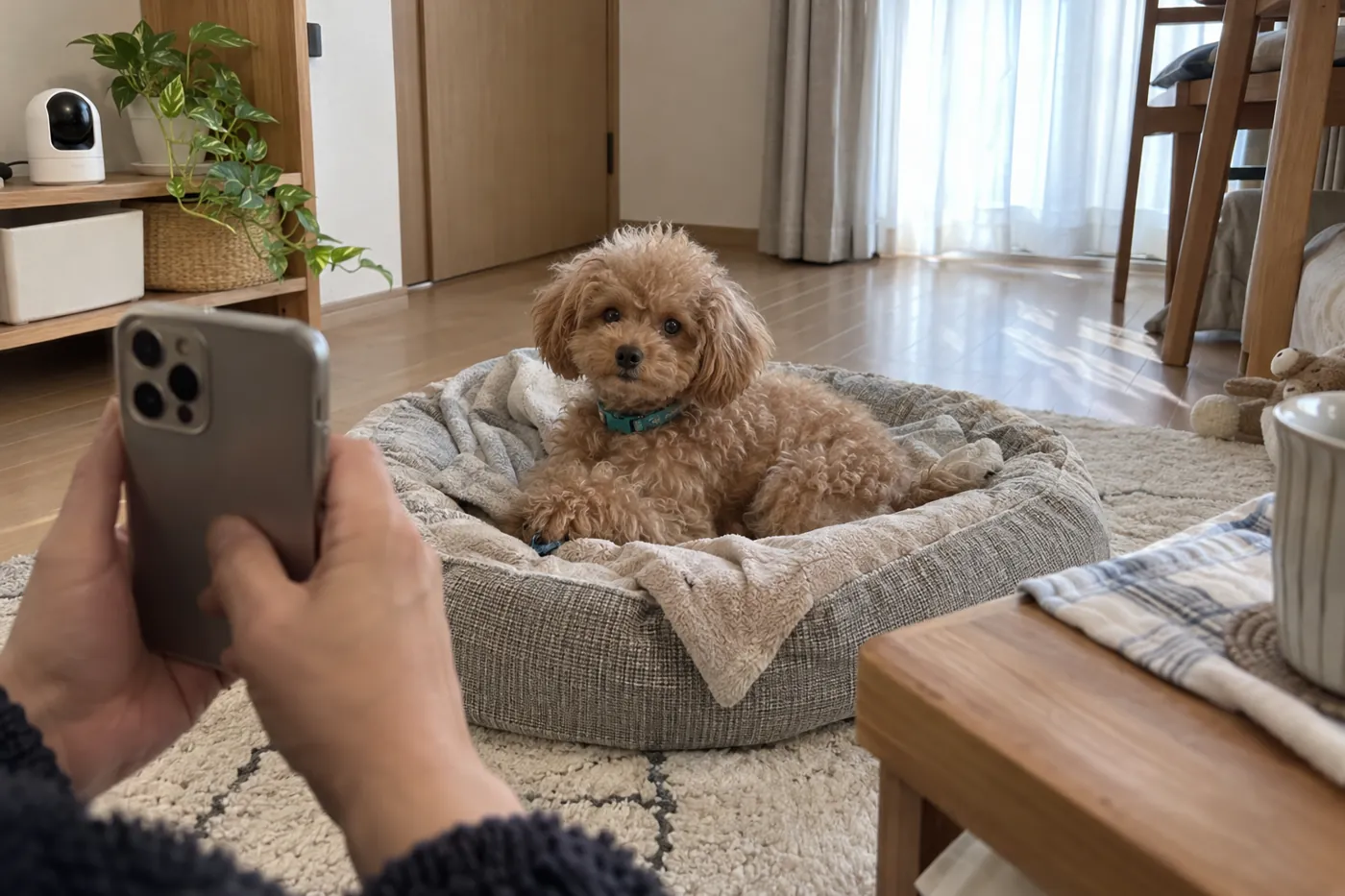 子犬が休むそばで飼い主がスマートフォンを確認する手元