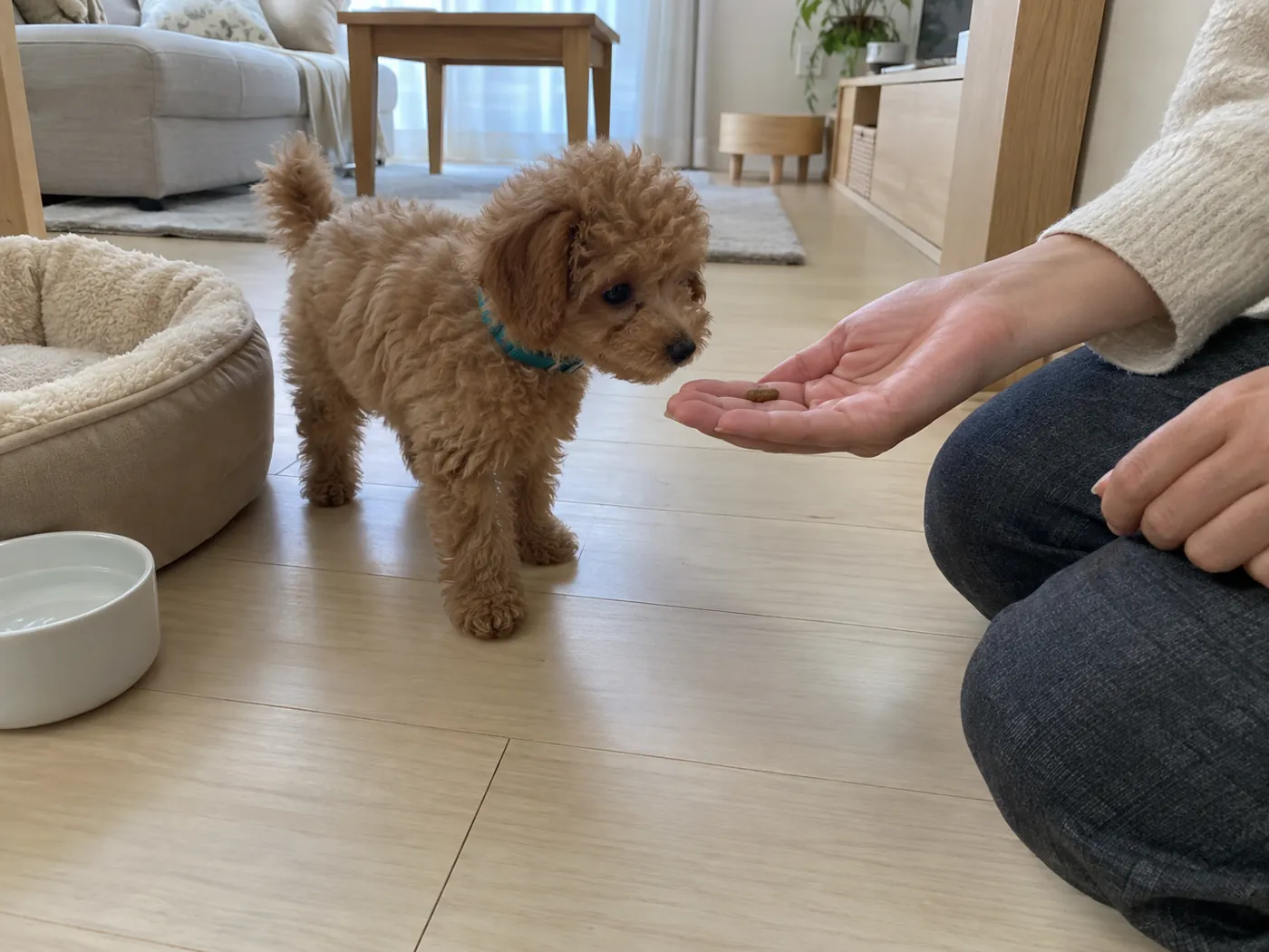 自宅で家族の手から落ち着いてフードを受け取る子犬